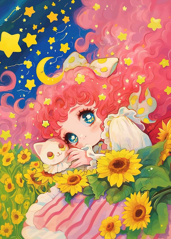 Cute Anime Girl with Cat and Sunflowers