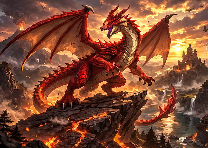 Red Dragon Overlooking a Fiery Landscape