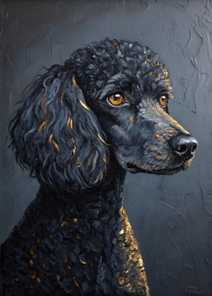Portrait of a Black Poodle with Gold Accents