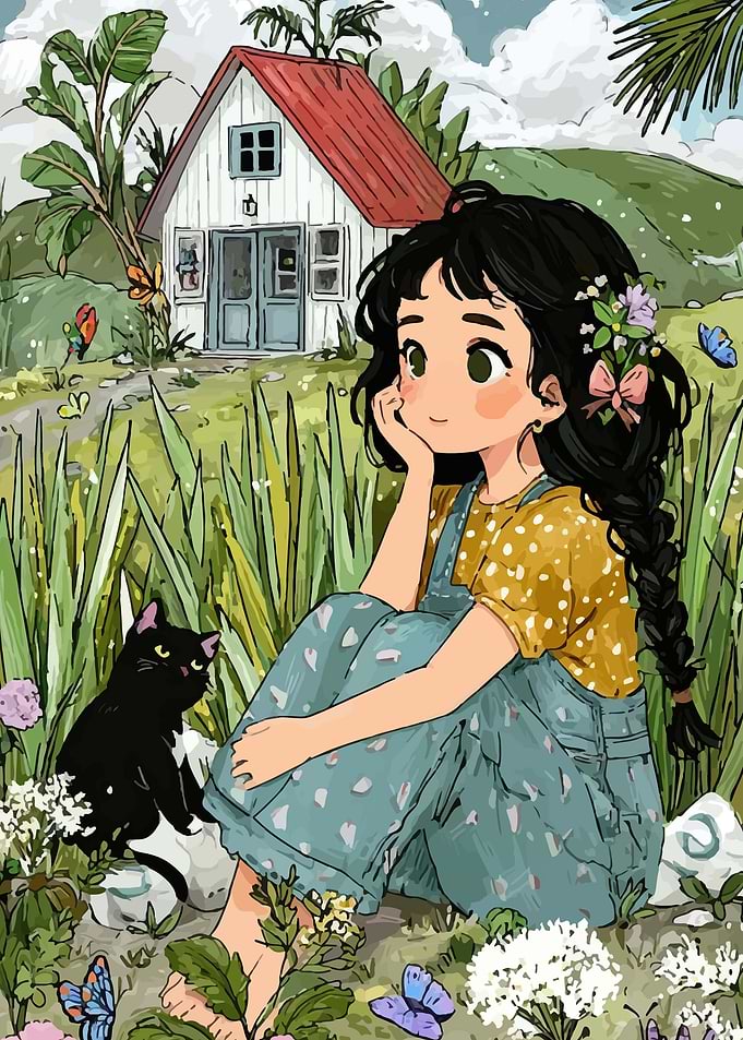 Girl and Cat in a Meadow