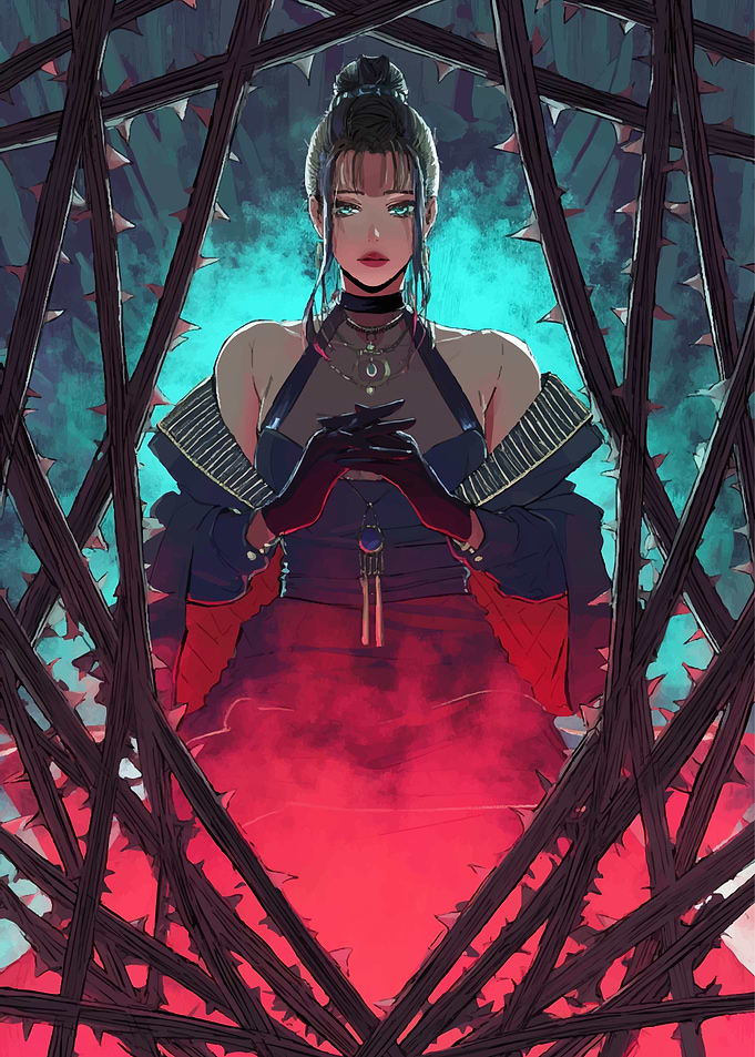 Woman in Red Dress Behind Thorns