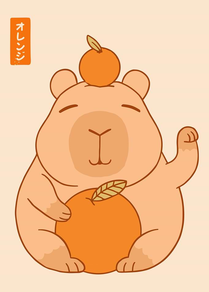 Cute Capybara Orange Poster, Minimal Japanese Style Wall Art, Cozy Animal Print
