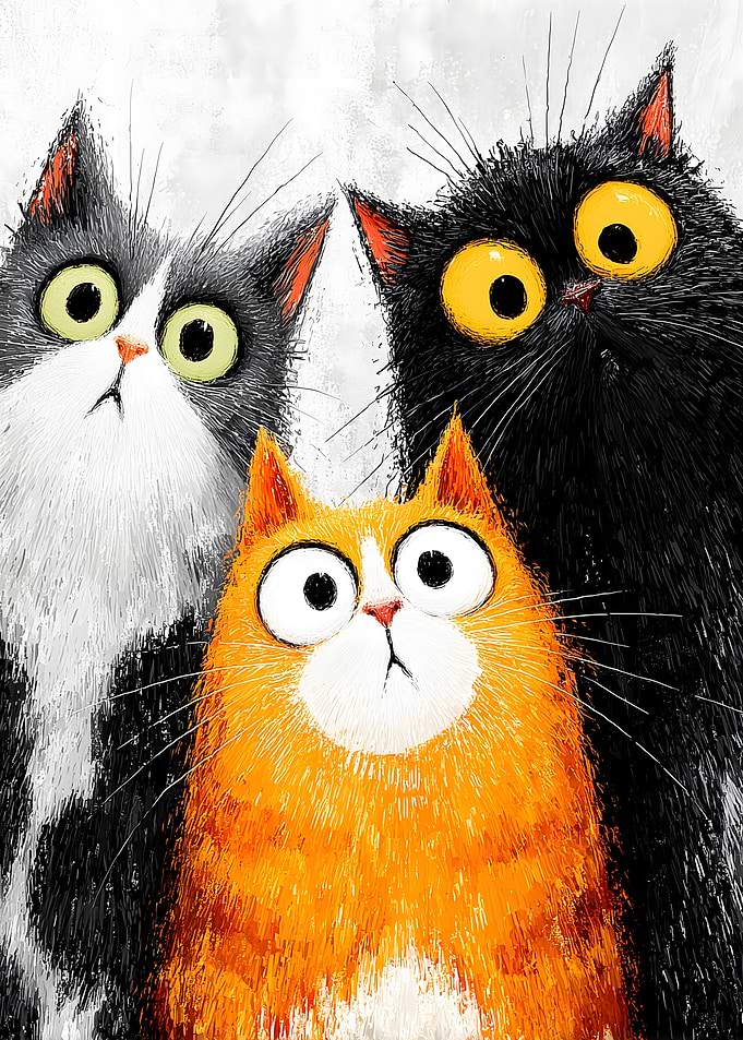 Three Cartoon Cats with Big Eyes