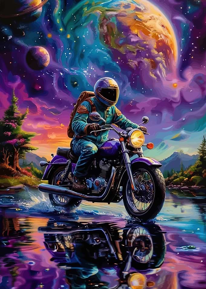 Astronaut Biker in Cosmic Landscape