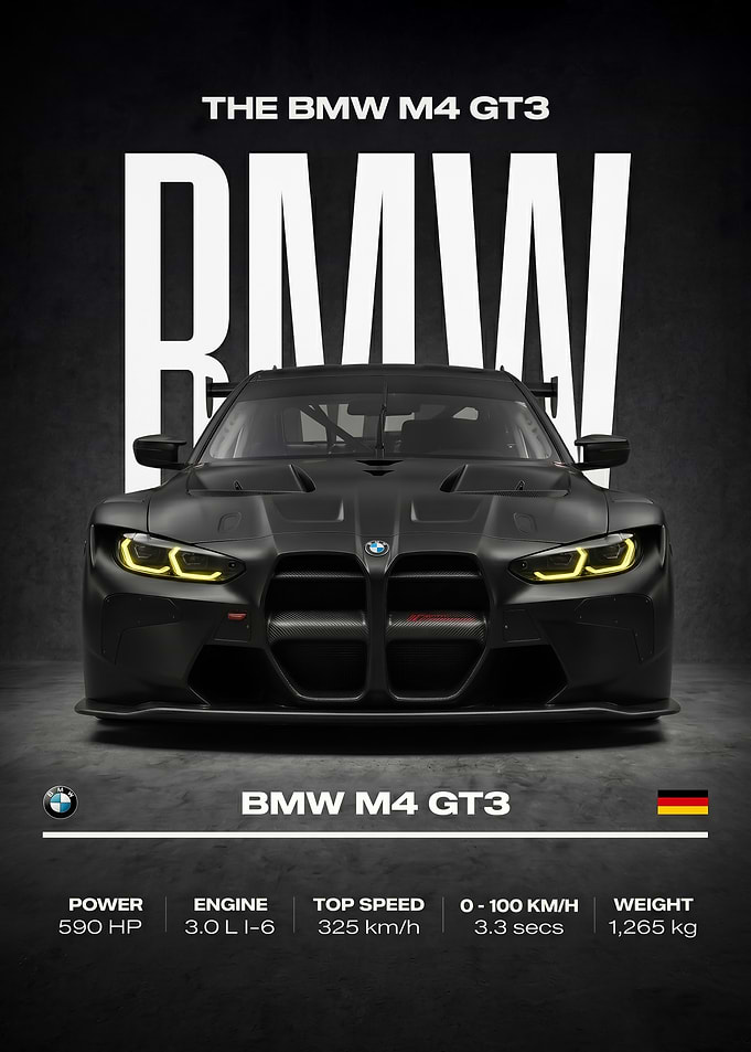 black BMW M4 GT3 Race Car Poster