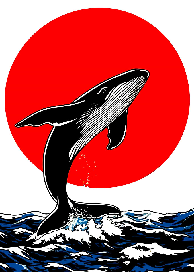 Whale jumping in front of red sun