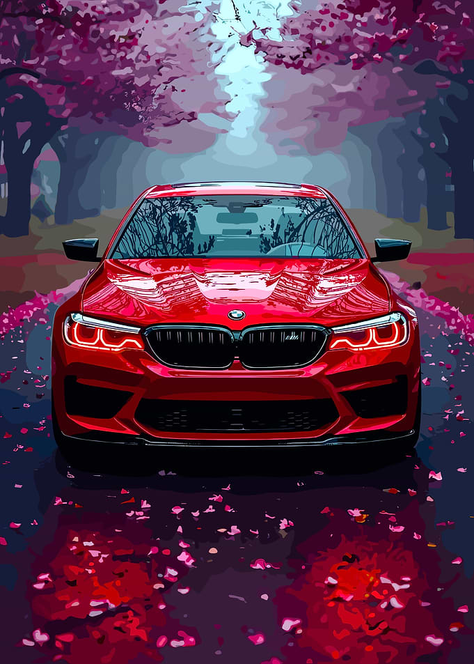 Red BMW M5 on a Floral Road