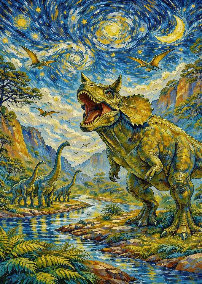 Dinosaur Landscape Under Starry Sky