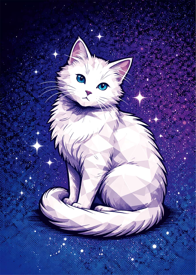 White Cat in Starry Night Sky
