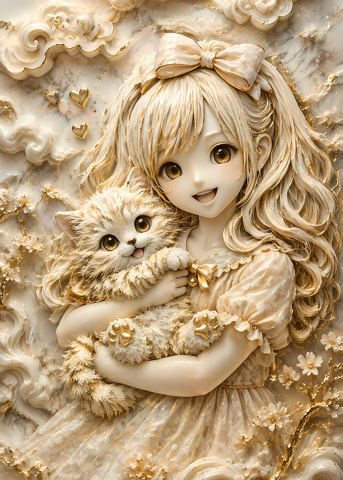Anime Girl Holding a Fluffy Kitten