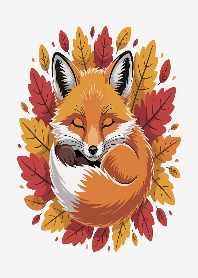 Sleeping Fox Among Autumn Leaves
