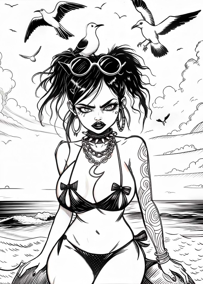 Gothic Beach Girl with Seagulls