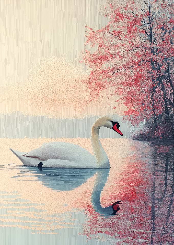 Swan in a Pink Floral Lake