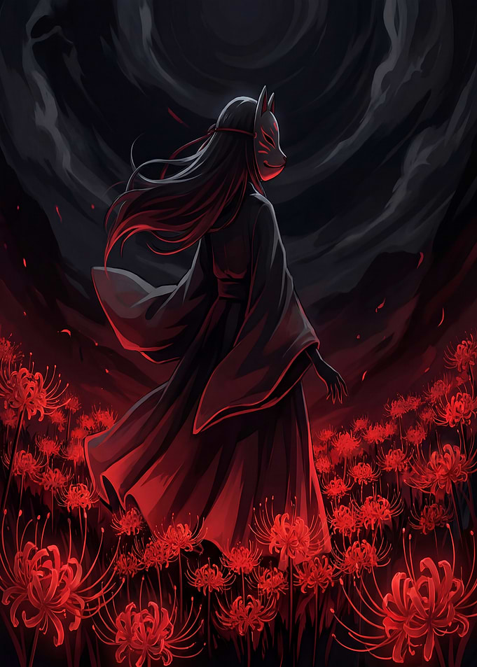 Kitsune Masked Figure in Spider Lily Field