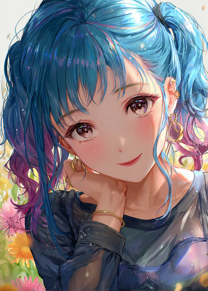 Anime Girl with Blue Hair and Flowers