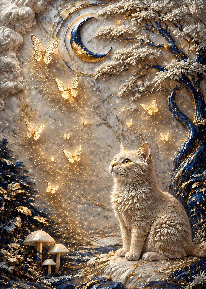 Magical Cat with Butterflies and Moon