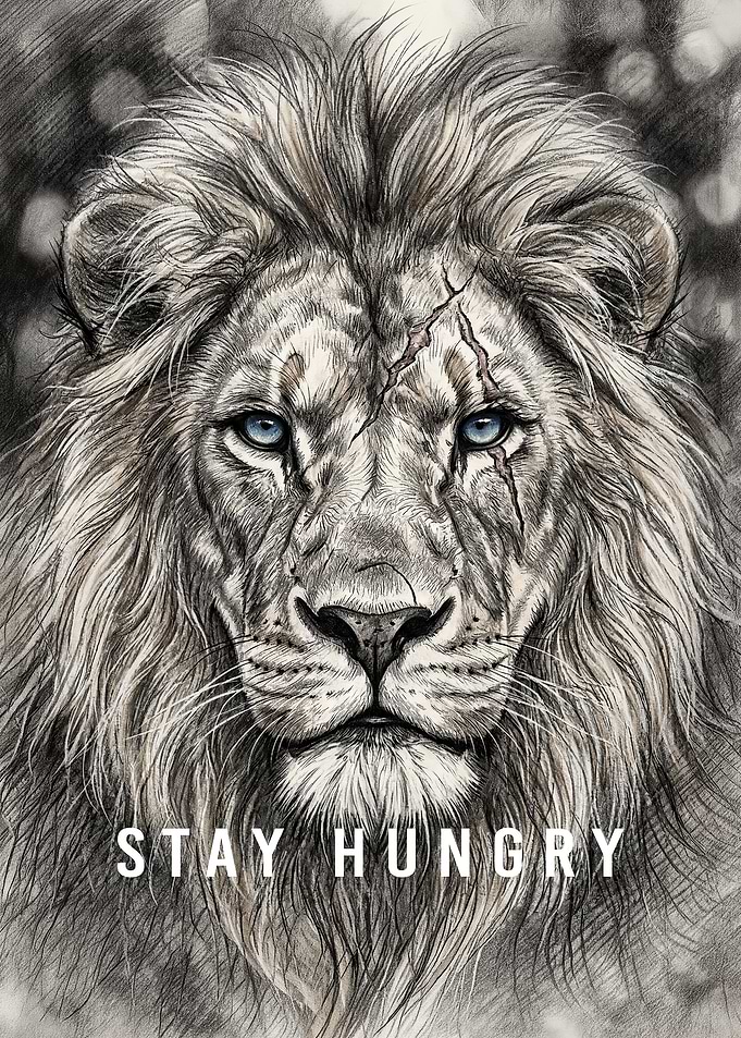 Lion with 'Stay Hungry' text