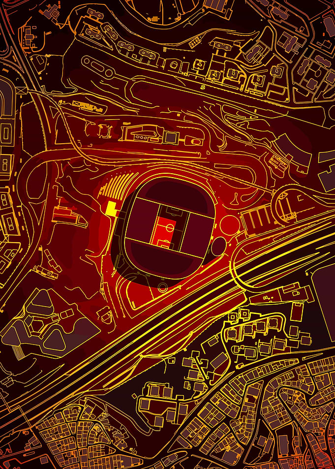 Aerial View of a Stadium and Cityscape