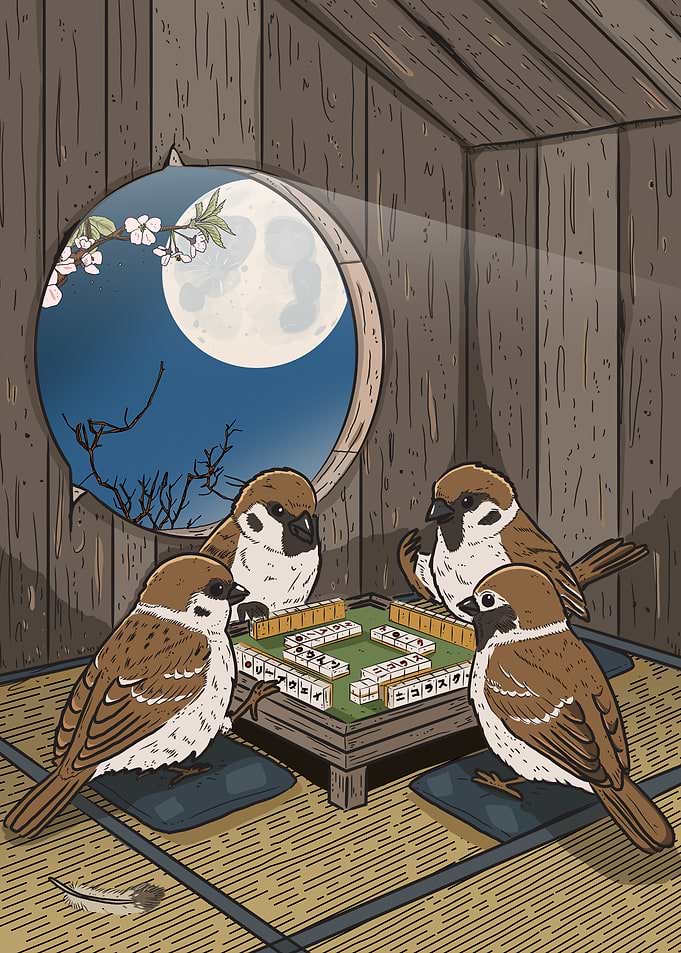 Sparrows Playing Mahjong Under the Moon