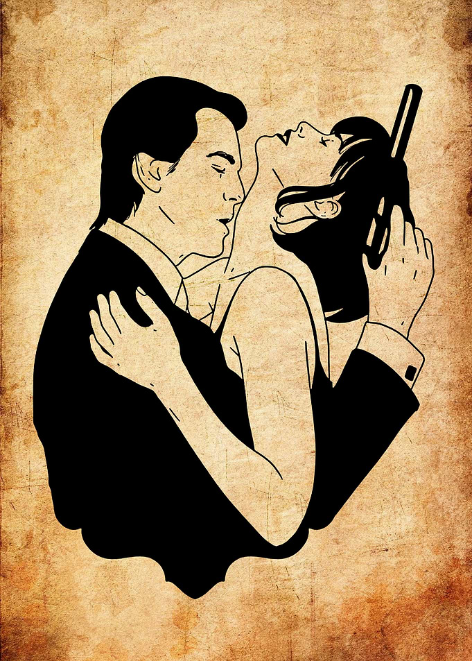 Couple in a dramatic embrace with a gun