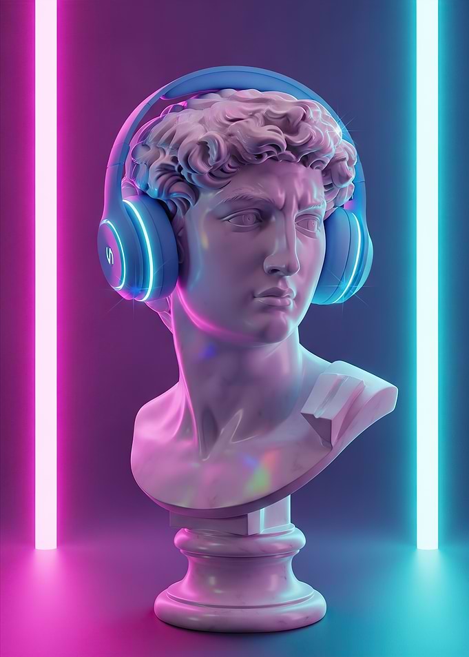 Bust of David with Headphones and Neon Lights