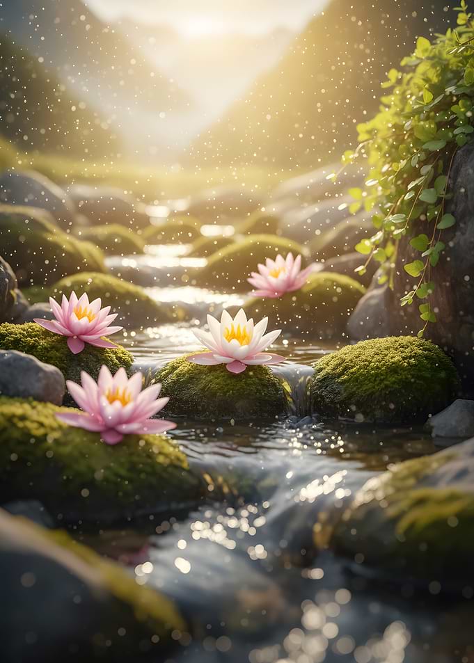 Serene Water Lilies in a Mountain Stream