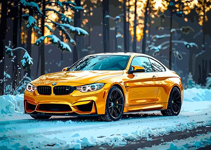 Yellow BMW M4 in Snowy Forest