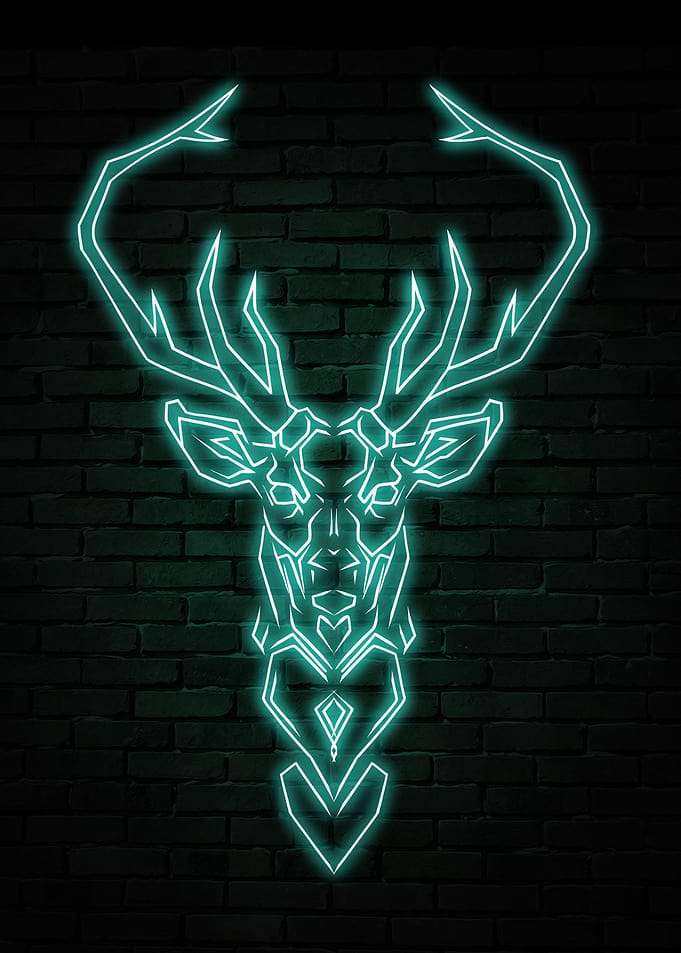 Neon Deer Head on Brick Wall