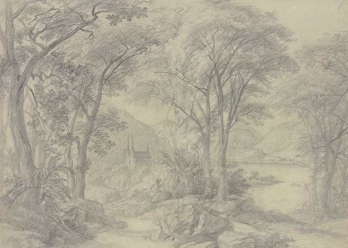 Pencil Sketch of a Forest Landscape with a Church