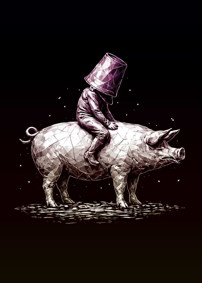 Person with Bucket Head Riding a Pig