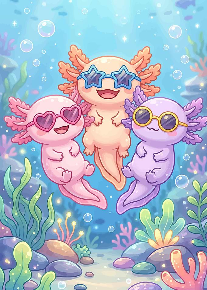 Three Cute Axolotls Wearing Sunglasses Underwater