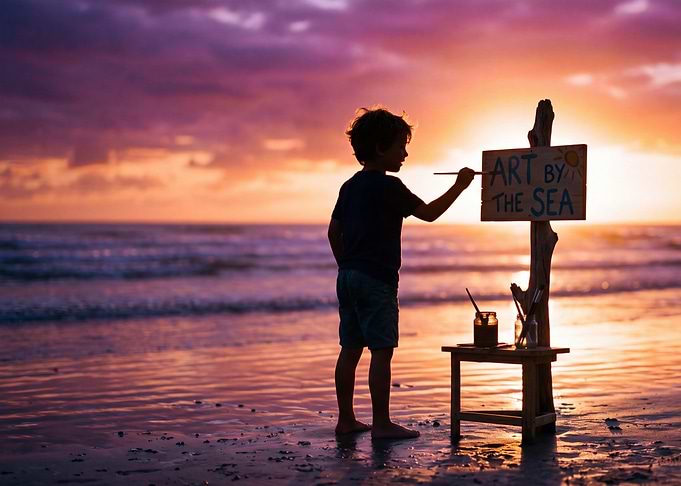 Boy painting 'Art by the Sea' at sunset