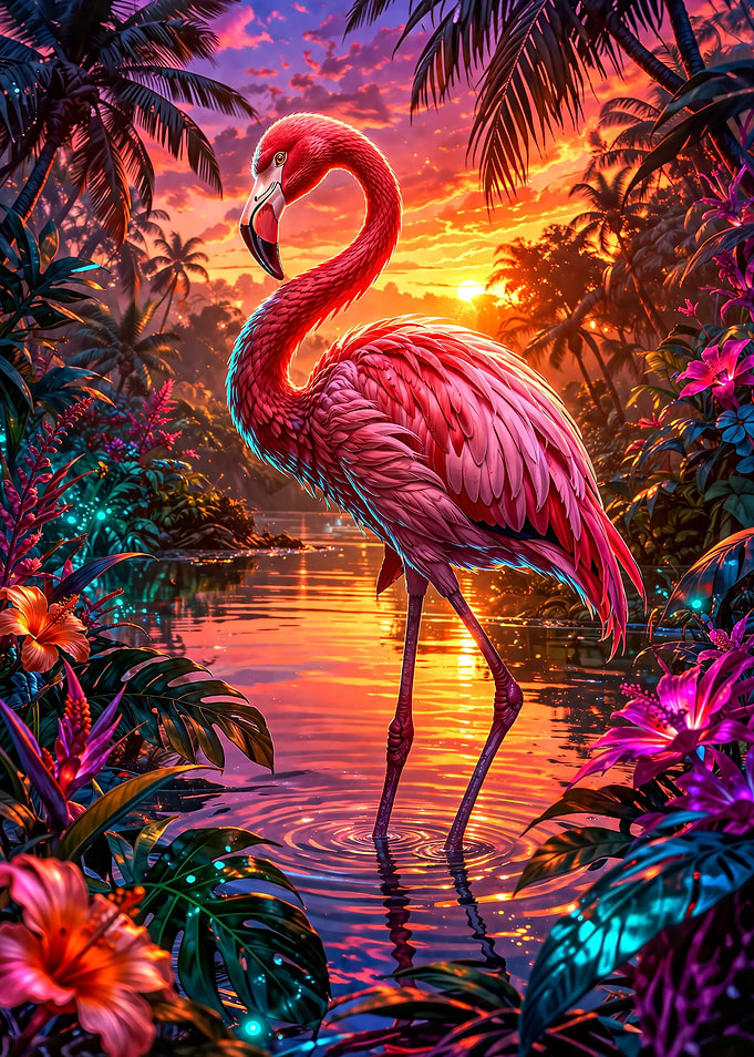 Flamingo in Tropical Sunset