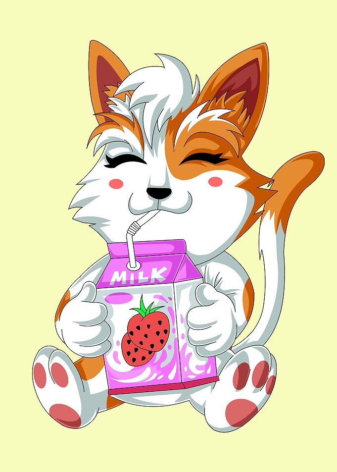 Cute Cat Drinking Strawberry Milk