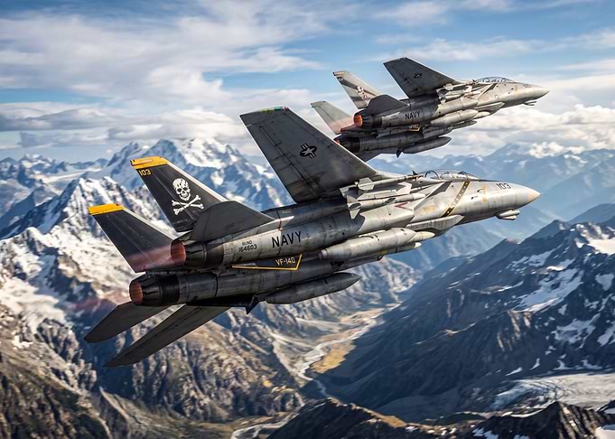 F-14 Tomcat Fighter Jets Flying Over Mountains