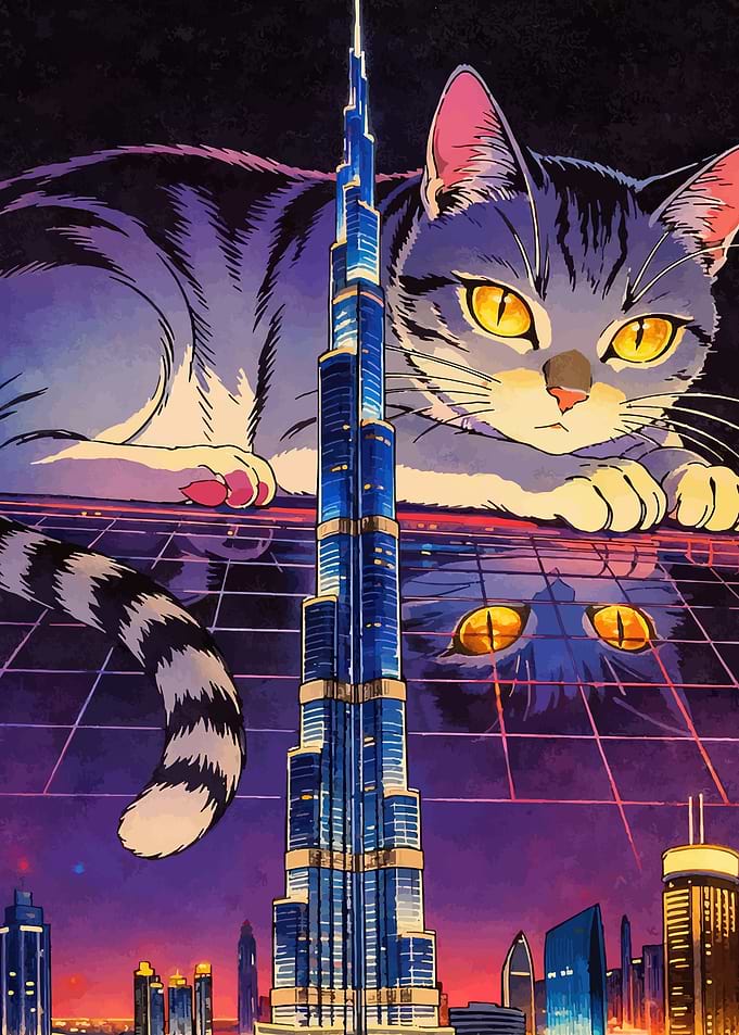 Giant Cat Overlooking Cityscape