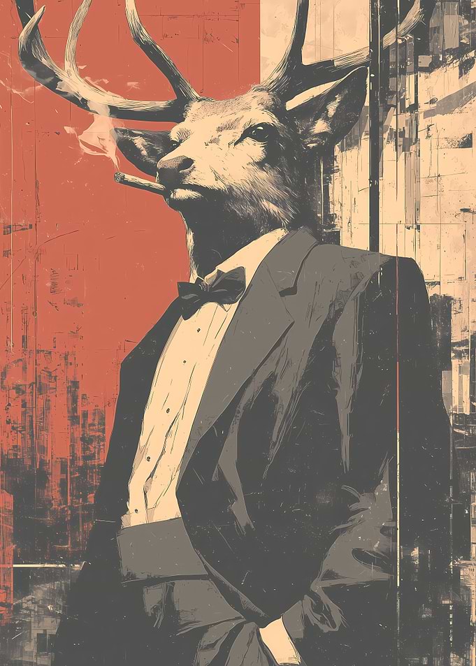 Dapper Deer Smoking in Cityscape