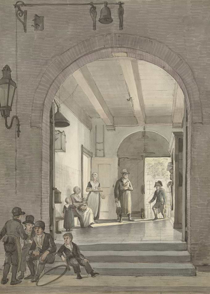Archway scene with people and children