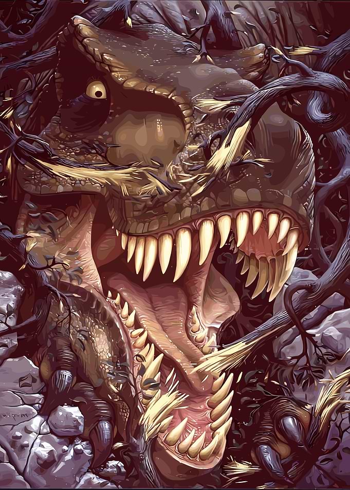 Fierce Tyrannosaurus Rex emerging from vines