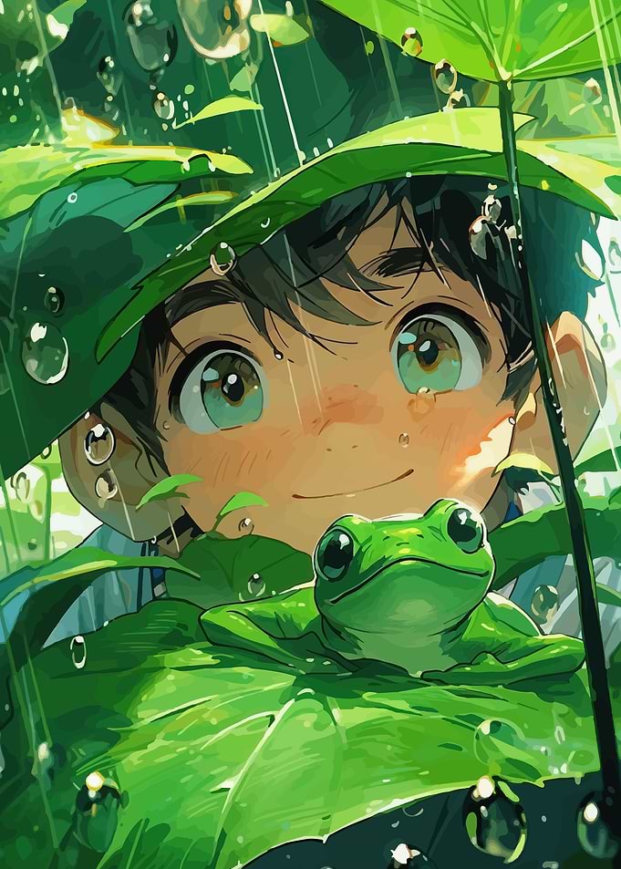 Boy and Frog in the Rain