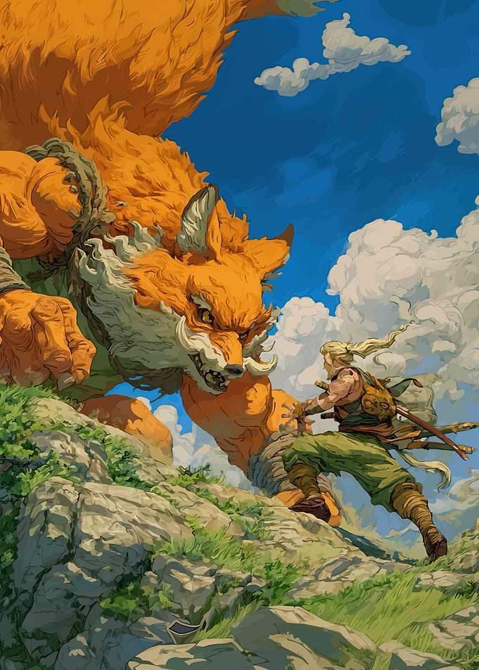 Warrior Fights Giant Fox Spirit