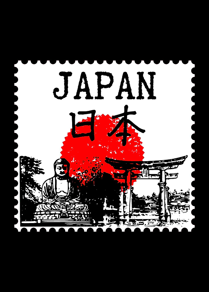 Japan Stamp with Buddha and Torii Gate