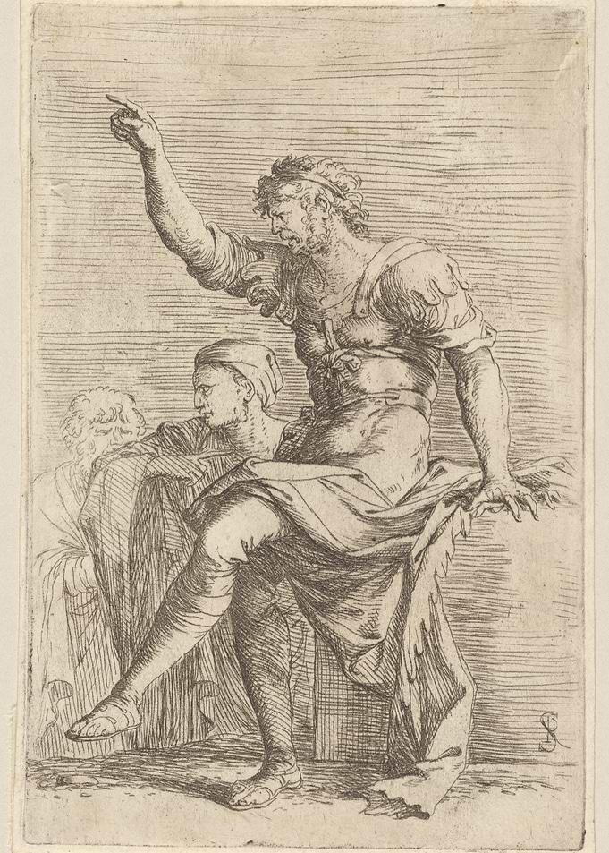 Man pointing with two figures behind