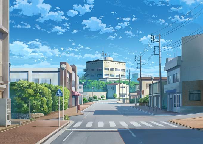 Anime Street Scene with Blue Sky