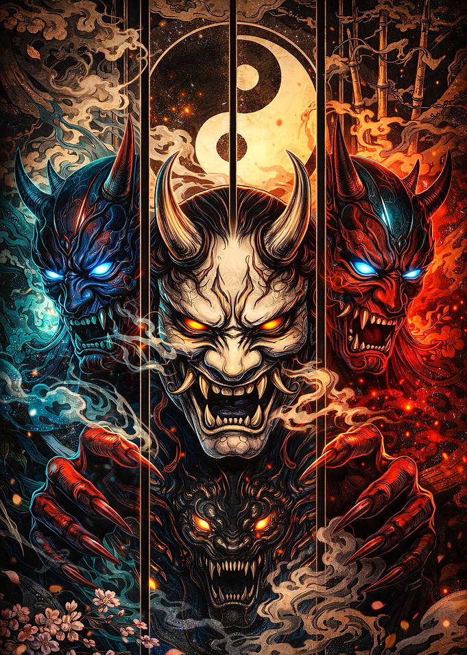 Demonic Masks and Yin Yang Symbol