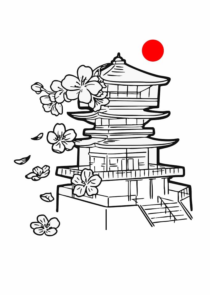 Japanese Pagoda with Cherry Blossoms