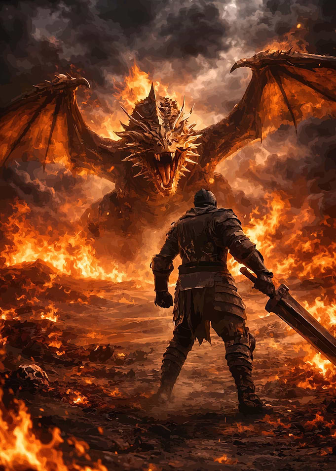 Knight vs Dragon in Fire