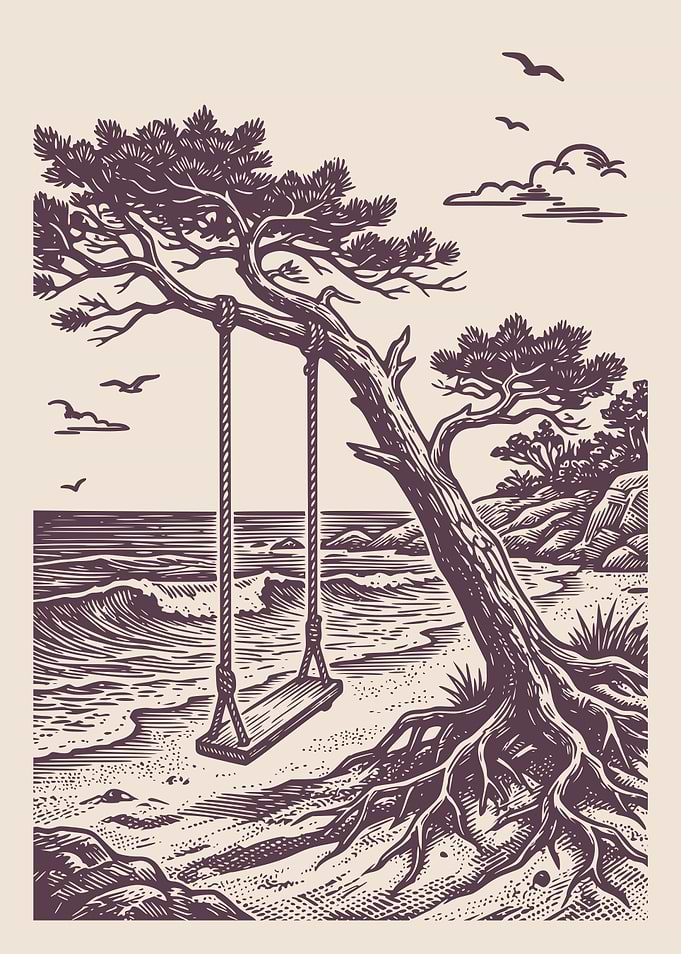 Beach Tree Swing Vintage Engraving Coastal Poster Ocean Shore Wall Art