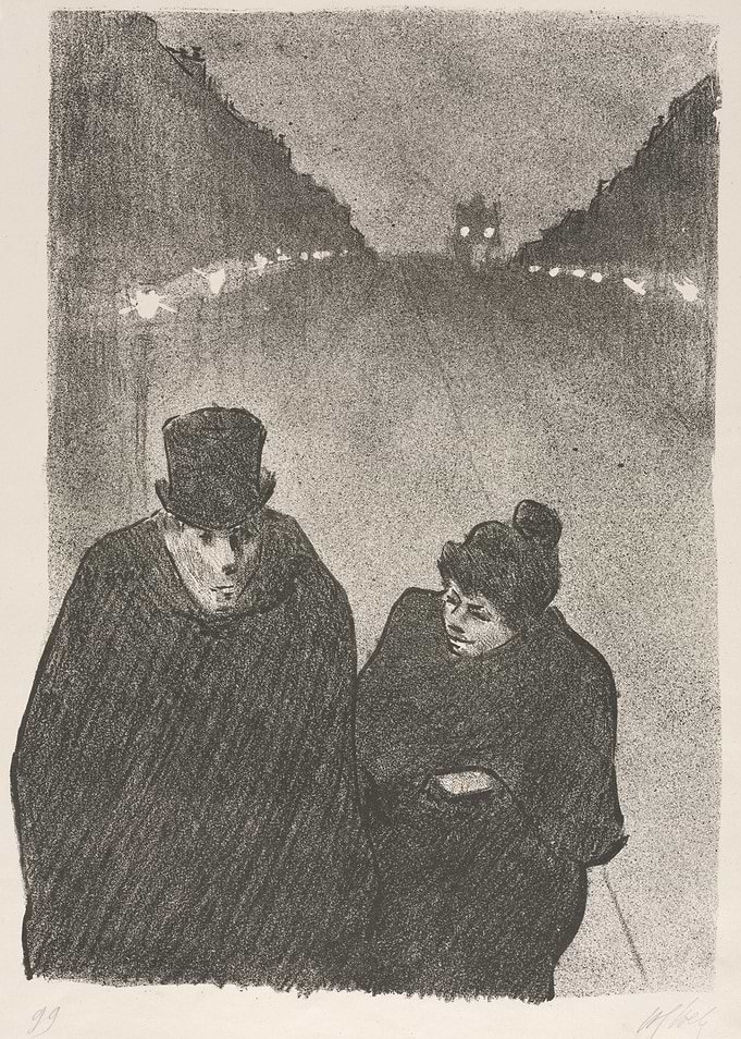Couple walking on a foggy street at night