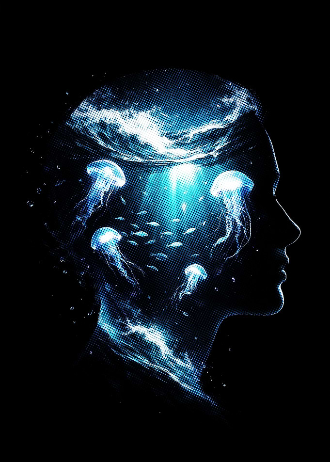 Jellyfish and Fish in Human Head Silhouette